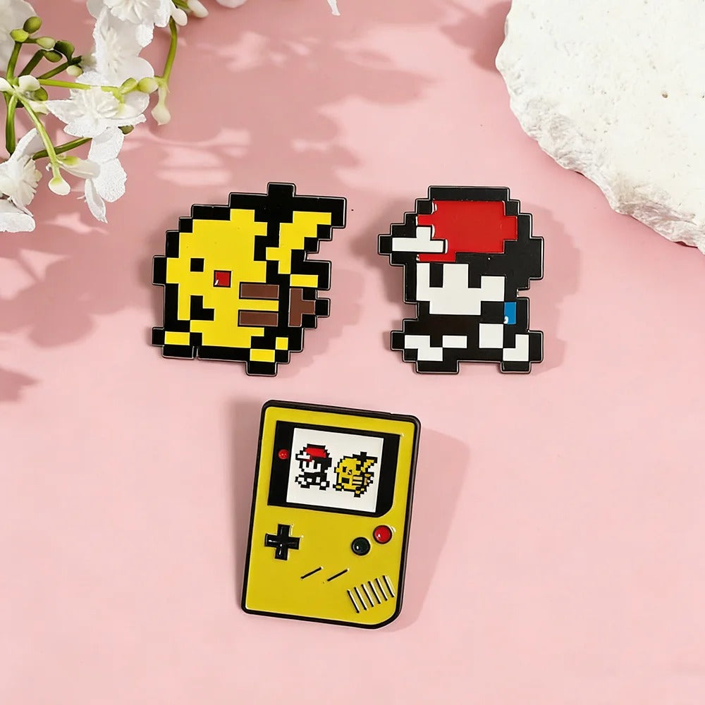 Pixel Art Enamel Pins Set: Pikachu, Trainer, Game Boy
