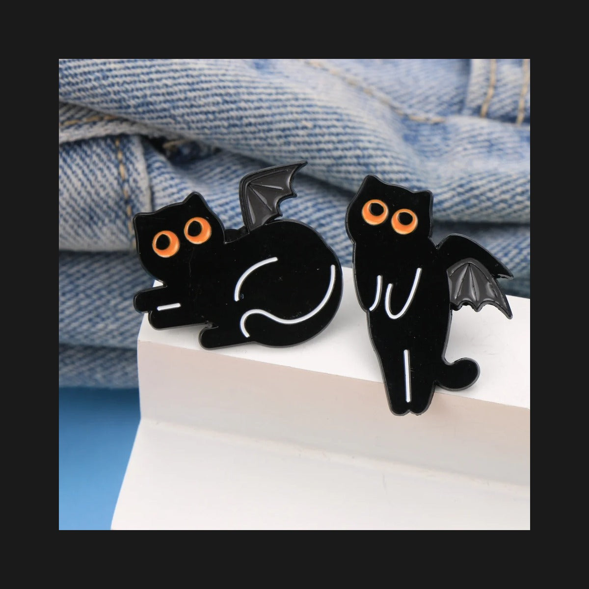 Eerie Black Cat Enamel Pins with Wings