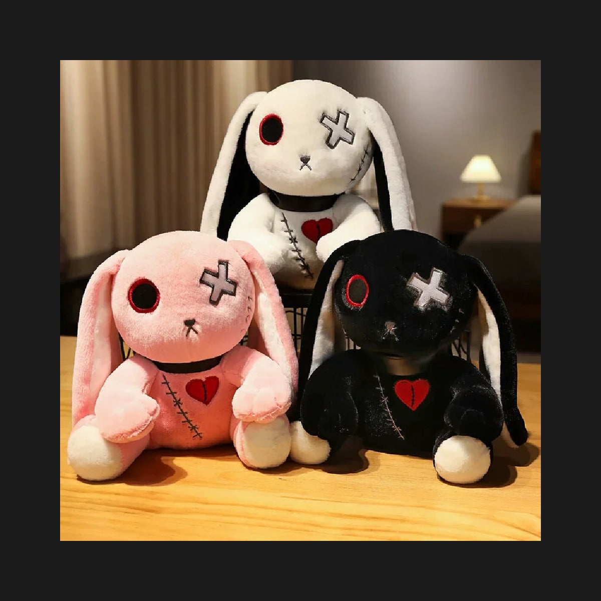 Creepy Plush Bunny Trio with Cursed Hearts